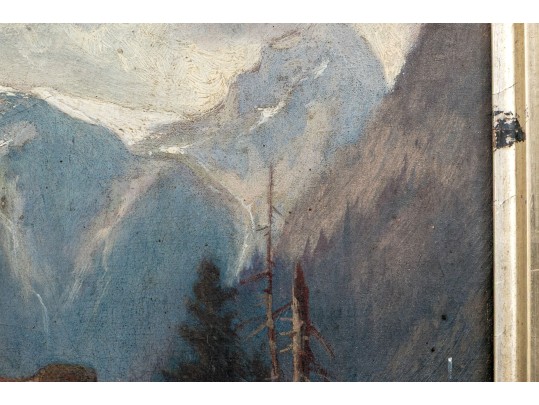 Diminutive Antique Oil On Panel, Mountainous Landscape With Figures