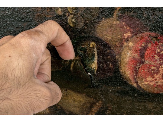 Antique Oil On Canvas, Still Life With Fruit And Basket