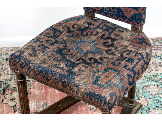 Pair Of Antique Carpet Upholstered Hall Chairs