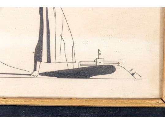 Signed H. Ink Drawing On Paper, Large Woman With Couple