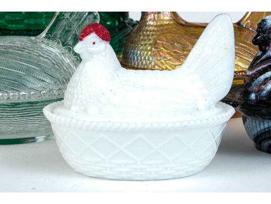 Collection Of Fifteen Vintage Glass Hens On Nests