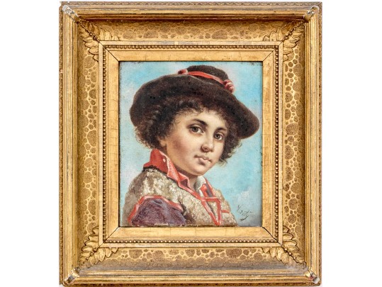 Signed Oil On Canvas, 19th C. French School Portrait Of A Young Man With Hat