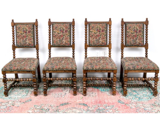 Set Of Four Vintage Carved Oak Bobbin Turned Side Chairs