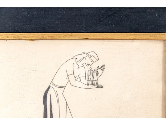 Signed H. Ink Drawing On Paper, Large Woman With Couple