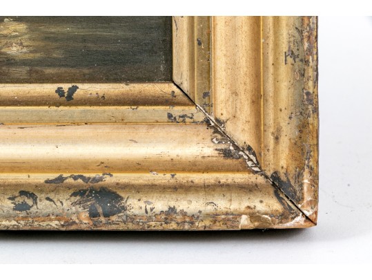 Diminutive Antique Oil On Panel, Coastal Scene At Night