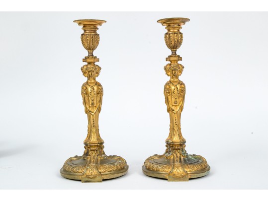 Louis XVI Style Gilt Bronze Figural Vestal Virgins Candlesticks