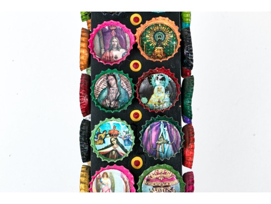 Signed Mixed Media Sculpture Of The Cross With Painted Bottle Caps