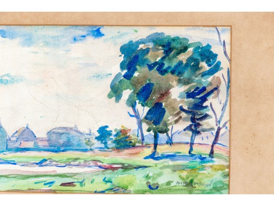 Signed Watercolor On Paper, Pond Outside Of Town