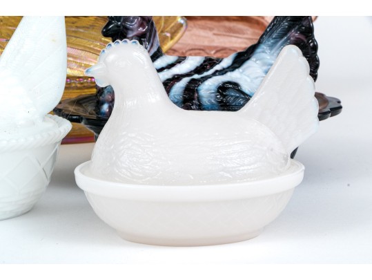 Collection Of Fifteen Vintage Glass Hens On Nests