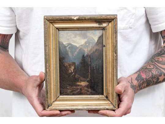 Diminutive Antique Oil On Panel, Mountainous Landscape With Figures