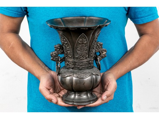 Pair Of Chinese Pewter Patinated Bronze Gu Form Vases