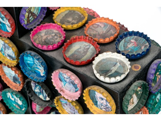 Signed Mixed Media Sculpture Of The Cross With Painted Bottle Caps