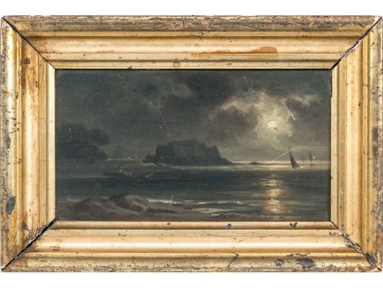 Diminutive Antique Oil On Panel, Coastal Scene At Night