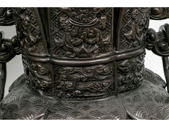 Pair Of Chinese Pewter Patinated Bronze Gu Form Vases