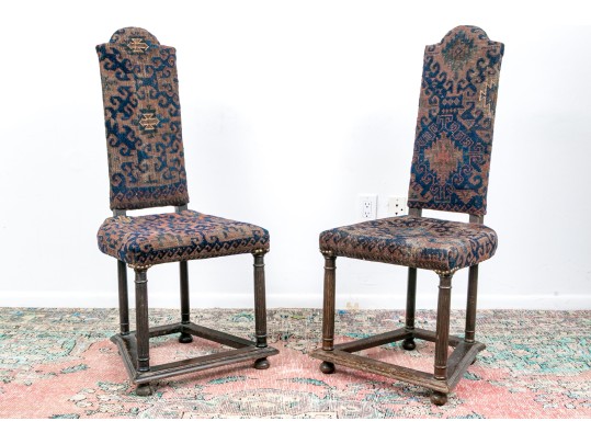 Pair Of Antique Carpet Upholstered Hall Chairs
