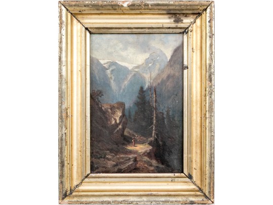 Diminutive Antique Oil On Panel, Mountainous Landscape With Figures