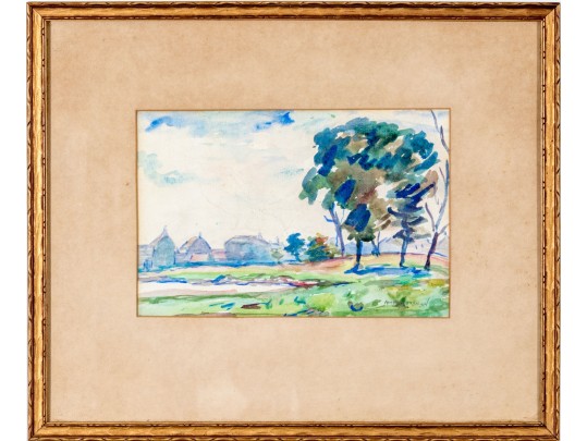 Signed Watercolor On Paper, Pond Outside Of Town