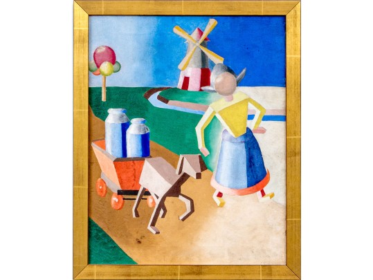 Oil On Canvas, Cubist Woman With Cart Of Milk