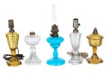 Group Of Five Antique Glass And Brass Oil Lamps
