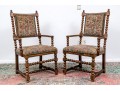 Paior Of Vintage Carved Oak Bobbin Turned Armchairs