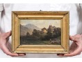 Diminutive Antique Oil On Panel, Mountainous Landscape With Figures And Cottage