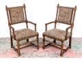 Paior Of Vintage Carved Oak Bobbin Turned Armchairs