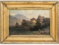 Diminutive Antique Oil On Panel, Mountainous Landscape With Figures And Cottage