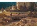 Dimunituve Antique Oil On Panel, Landscape With Figures And Architecture