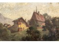 Diminutive Antique Oil On Panel, Mountainous Landscape With Figures And Cottage