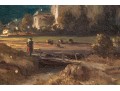 Dimunituve Antique Oil On Panel, Landscape With Figures And Architecture