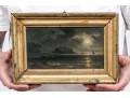 Diminutive Antique Oil On Panel, Coastal Scene At Night