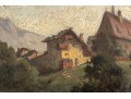 Diminutive Antique Oil On Panel, Mountainous Landscape With Figures And Cottage