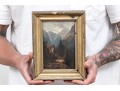 Diminutive Antique Oil On Panel, Mountainous Landscape With Figures