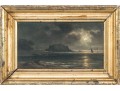 Diminutive Antique Oil On Panel, Coastal Scene At Night