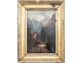 Diminutive Antique Oil On Panel, Mountainous Landscape With Figures