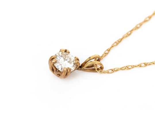 14k Yellow Gold Pretty Round Brilliant Moissanite Solitaire Pendant, Prong Set, With Chain