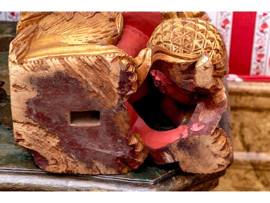 Pair Of Asian Carved, Gilt, And Paint Finished Foo Dogs