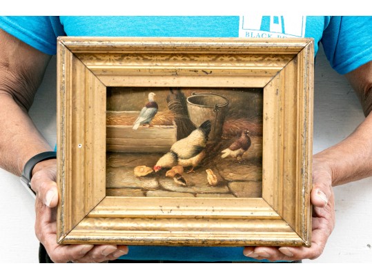 19th Century  Oil On Panel, Chicken And Her Chicks Feeding