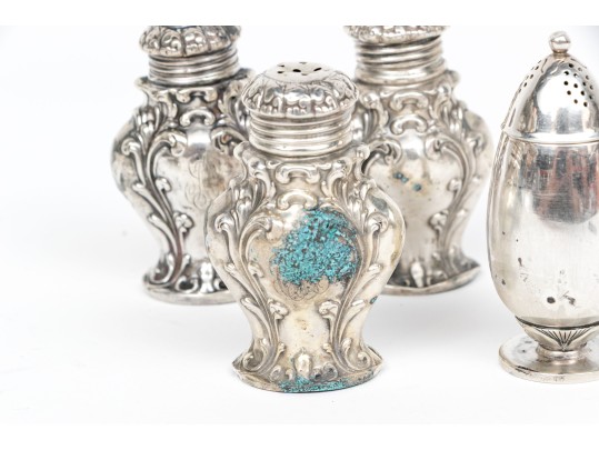 Group Of Four Antique Sterling Silver Shakers And A Salt, 3.735