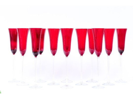 Set Of Twelve Bohema Elegant Ruby Glass Stemmed Champagne Flutes