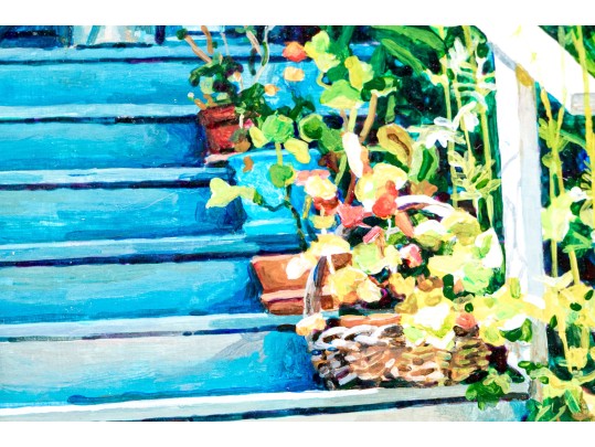 Heather Hedin Peacock (American, 20th-21st C.) Acrylic On Board, The Blue Flower Pot 