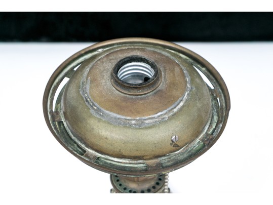 Antique Oil Lamp Converted To Electrical With Etched Glass Shade