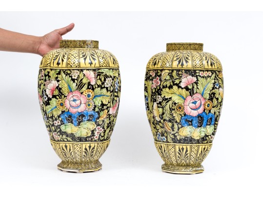 Pair Of Painted And Lobed Ceramic Jars