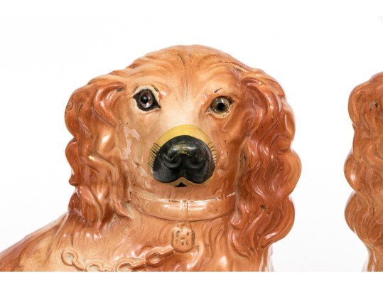 Pair Of English Staffordshire Ceramic Dogs With Inlaid Glass Eyes