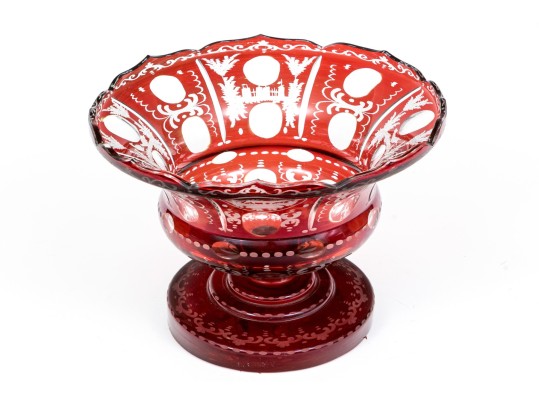 Bohemian Ruby-To-Clear Cut Glass Footed Centerpiece Bowl