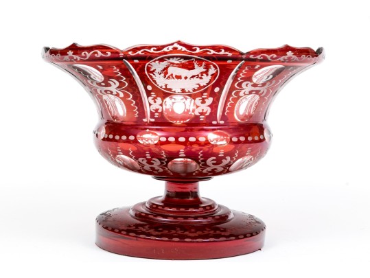 Bohemian Ruby-To-Clear Cut Glass Footed Centerpiece Bowl