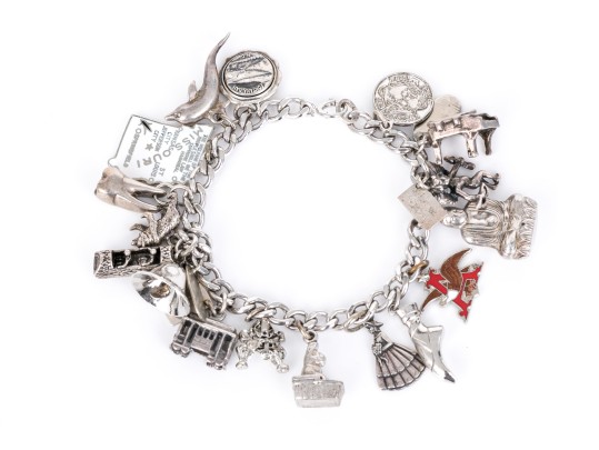 Curb Link Charm Bracelet With Assorted Sterling And Silverplate Charms, Some Loose