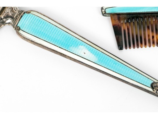 Large Antique Sterling Silver And Enameled Dresser Set With Perfumes