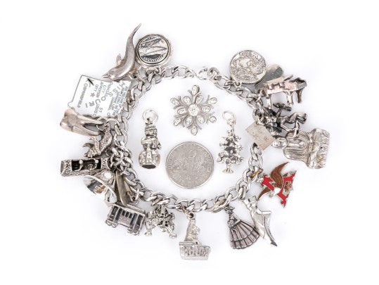 Curb Link Charm Bracelet With Assorted Sterling And Silverplate Charms, Some Loose