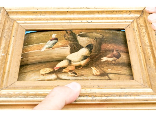 19th Century  Oil On Panel, Chicken And Her Chicks Feeding